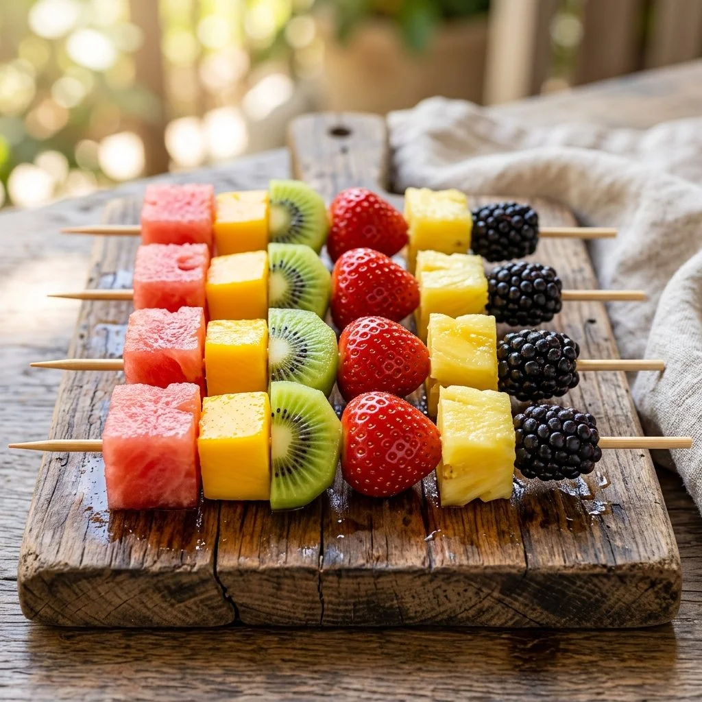 Colorful fruit kabobs served on skewers, featuring a variety of fruits.