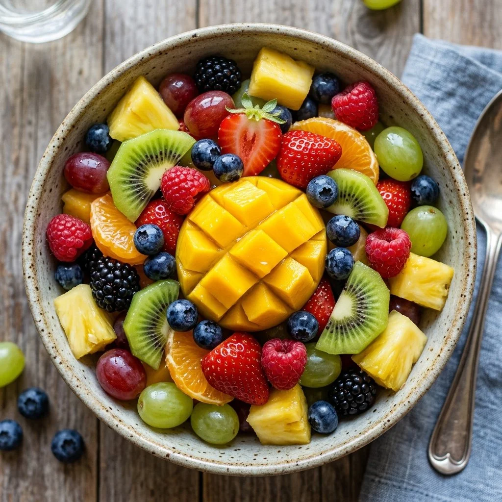 Colorful and fresh fruit salad with a variety of seasonal fruits