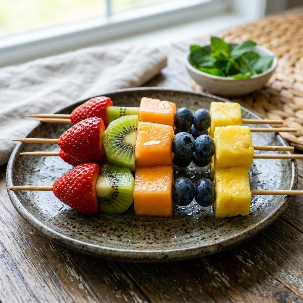 Colorful assortment of fruit skewers with strawberries, grapes, and melon.