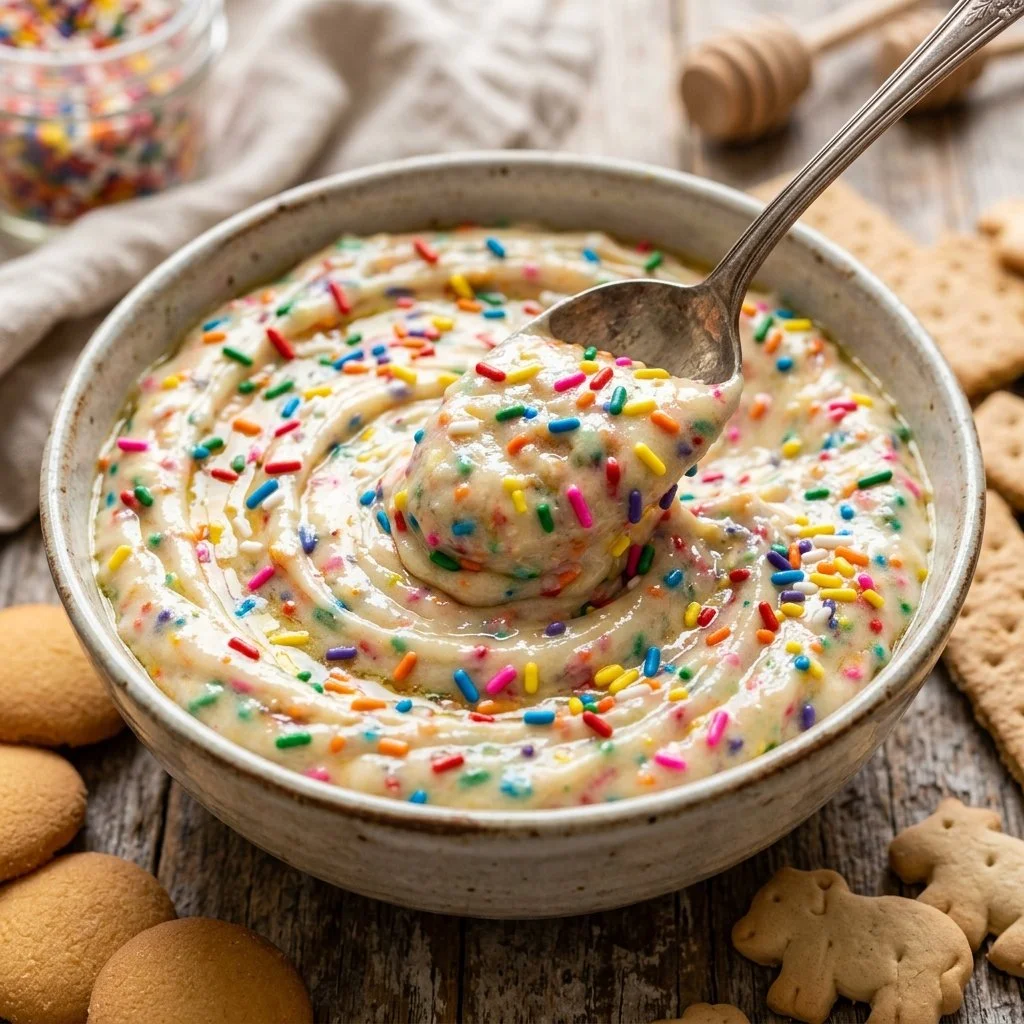 Delicious Funfetti Cake Batter Dip served in a bowl with colorful sprinkles.