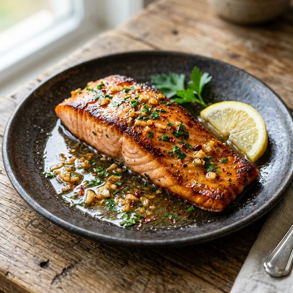 Delicious Garlic Butter Salmon garnished with herbs, ready to serve.