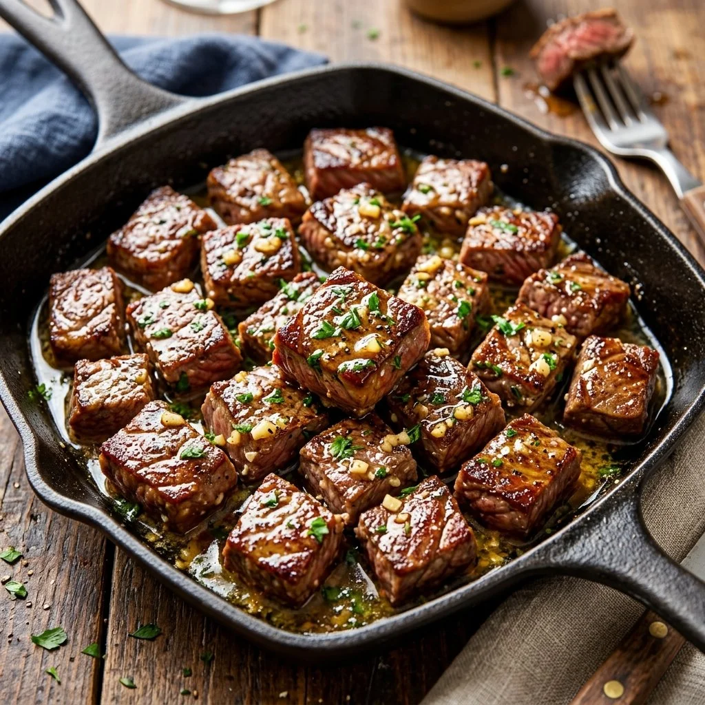 Delicious garlic butter steak bites served on a platter