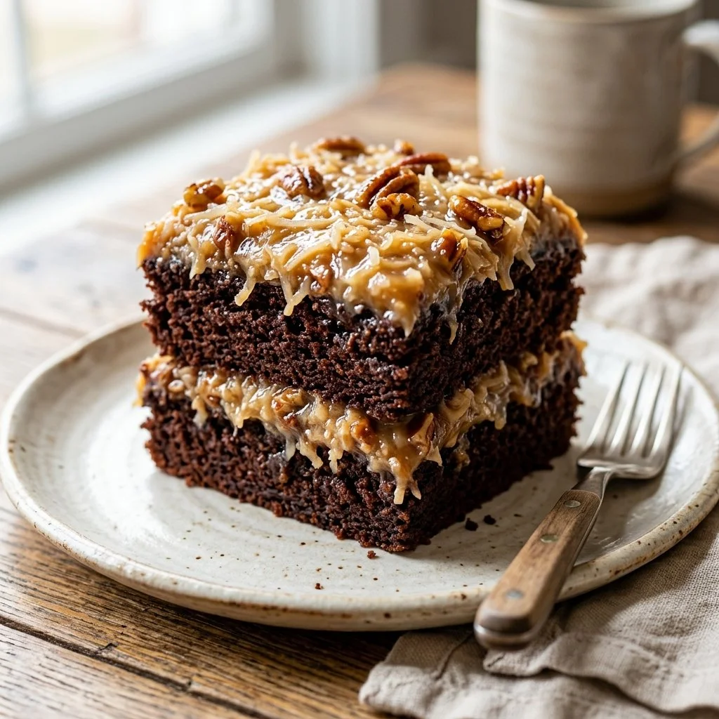 Delicious slice of homemade German Chocolate Cake with coconut and pecan frosting