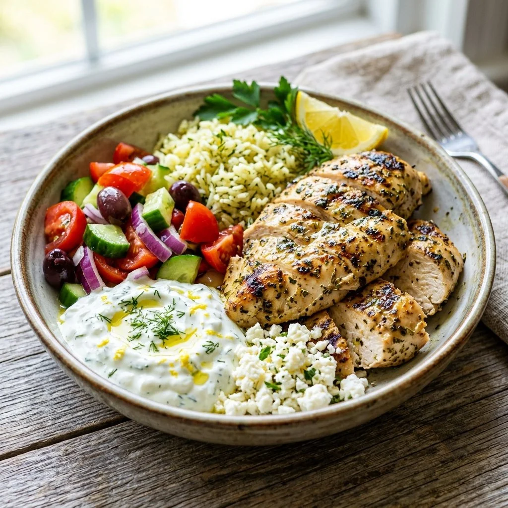 Delicious Greek Chicken Bowl with marinated chicken and fresh vegetables