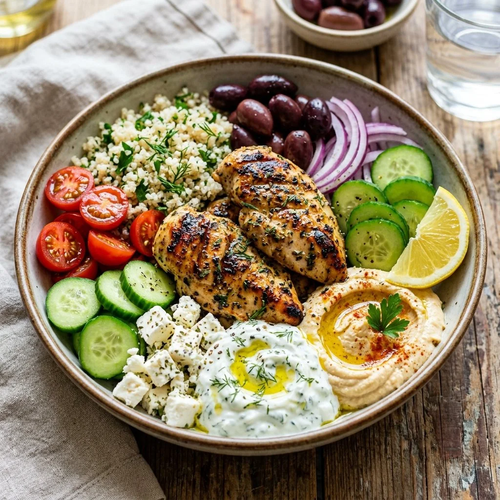 Delicious Greek Chicken Bowls with fresh vegetables and herbs