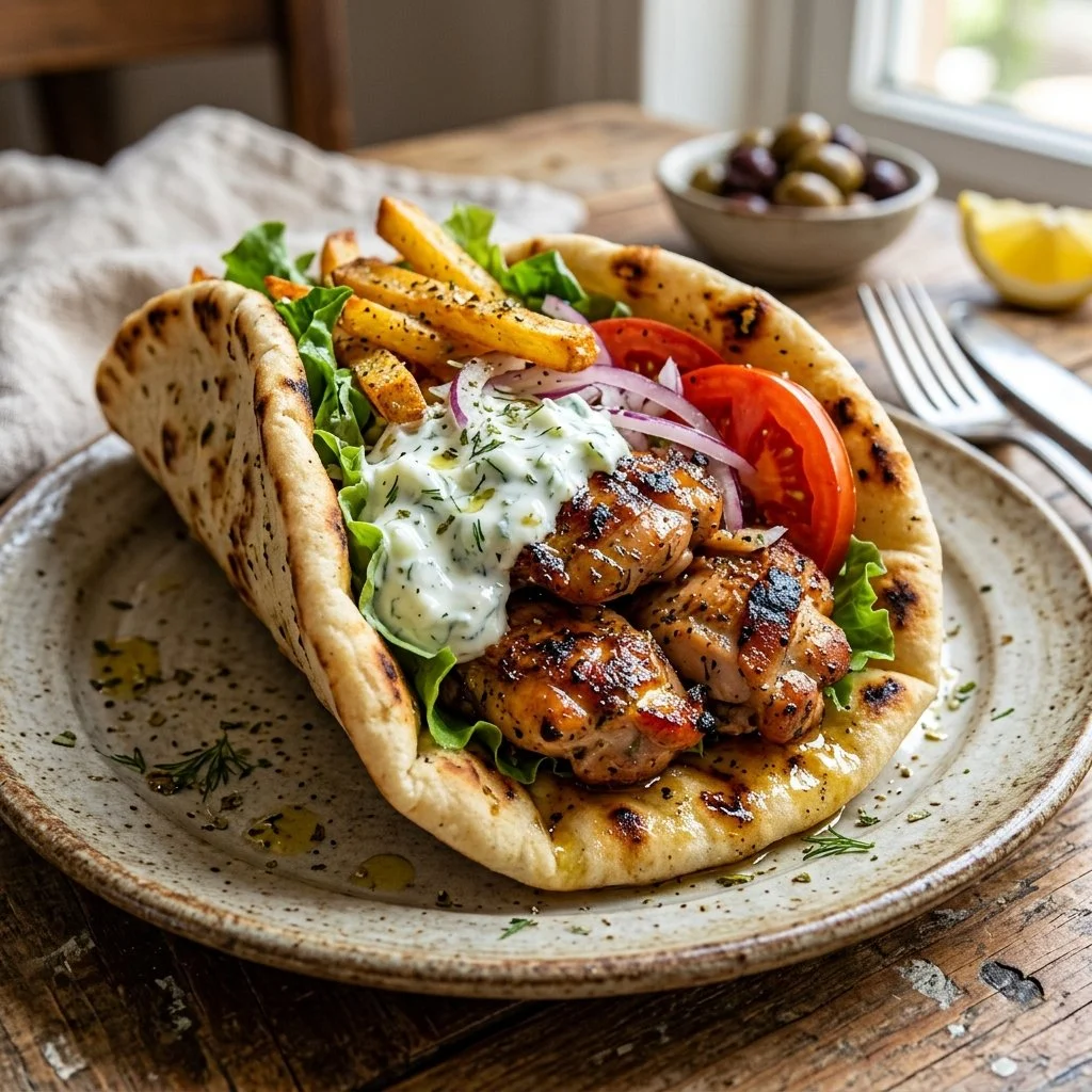Delicious Greek Chicken Gyros with marinated chicken and fresh toppings