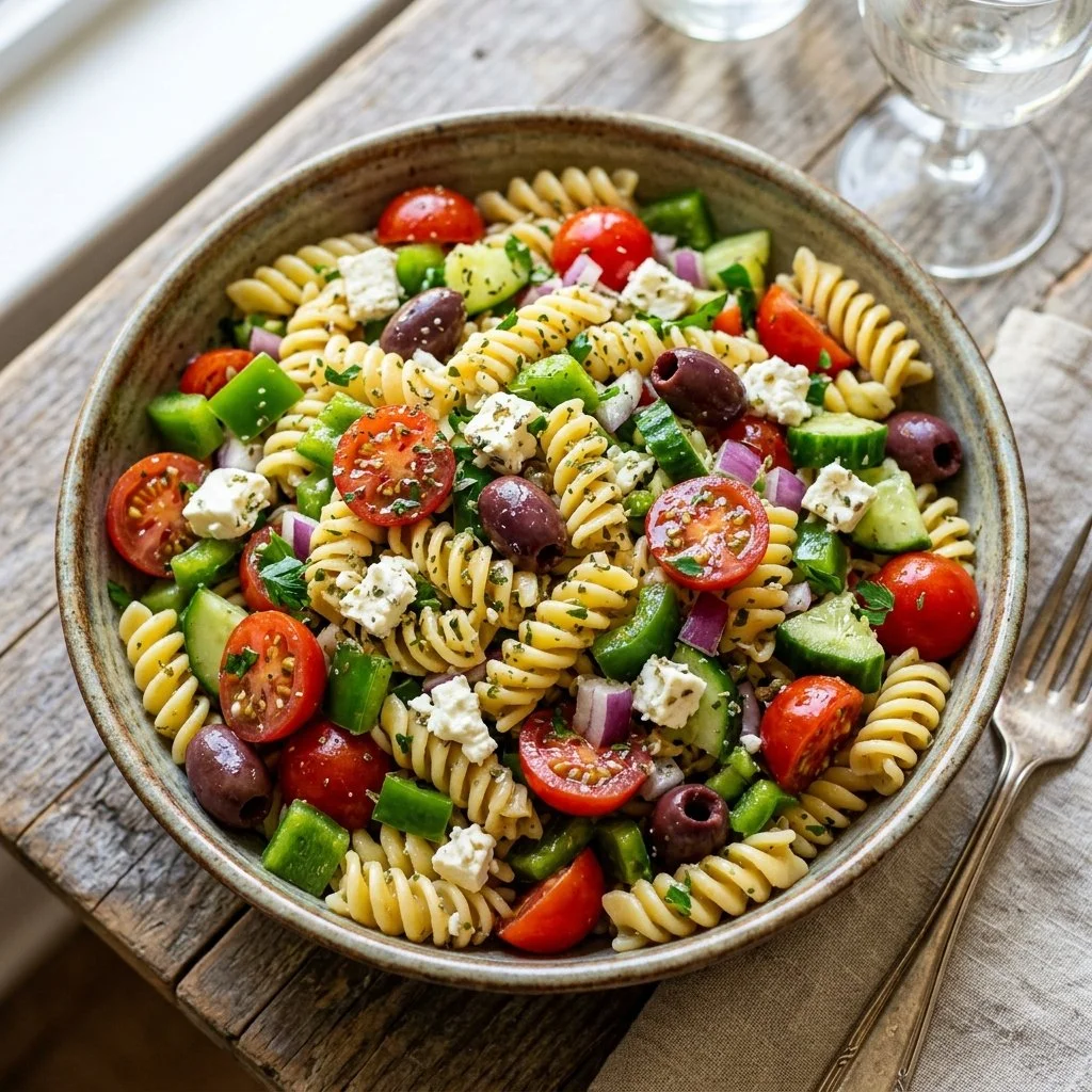 Delicious Greek Pasta Salad with fresh vegetables and olives