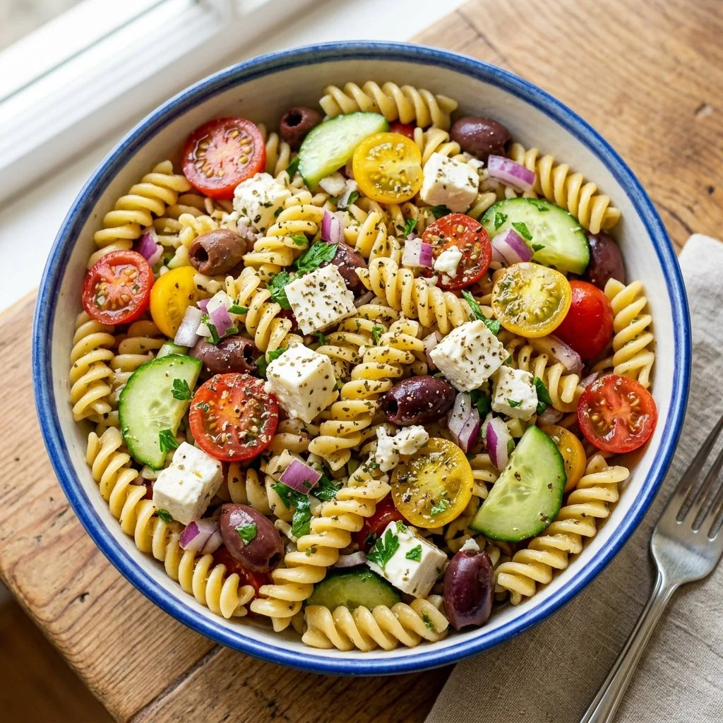 Colorful Greek pasta salad with feta, olives, and fresh vegetables.