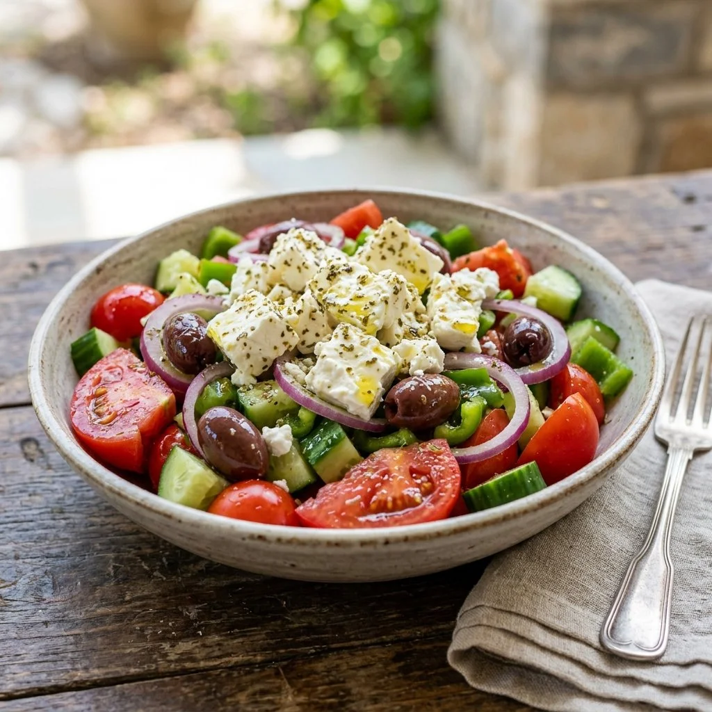 Colorful Greek salad with tomatoes, cucumbers, olives, and feta cheese on a plate