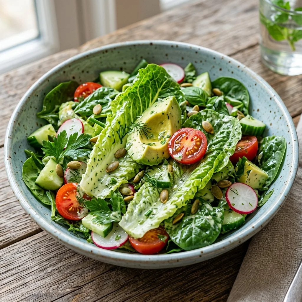 Fresh Green Goddess Salad with greens, avocado, and creamy dressing
