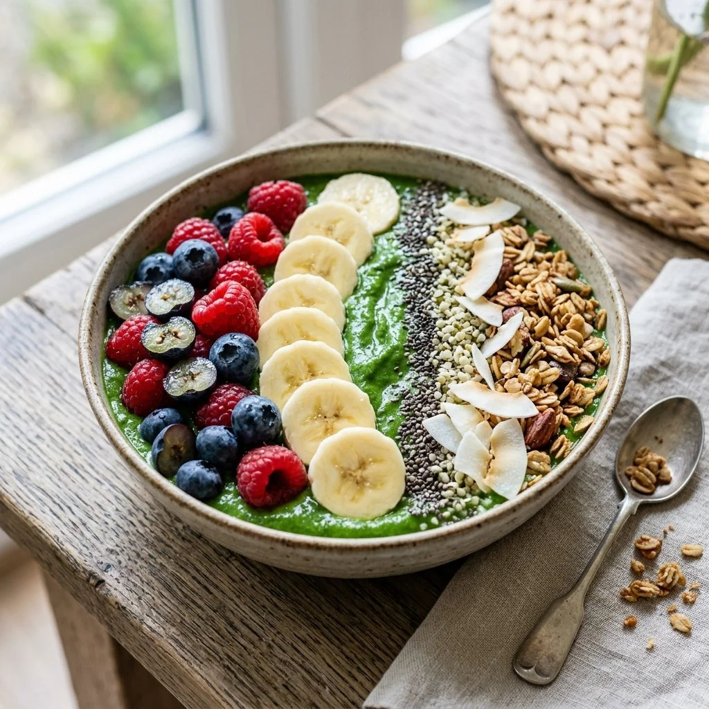 Healthy green smoothie bowl topped with fresh fruits and seeds