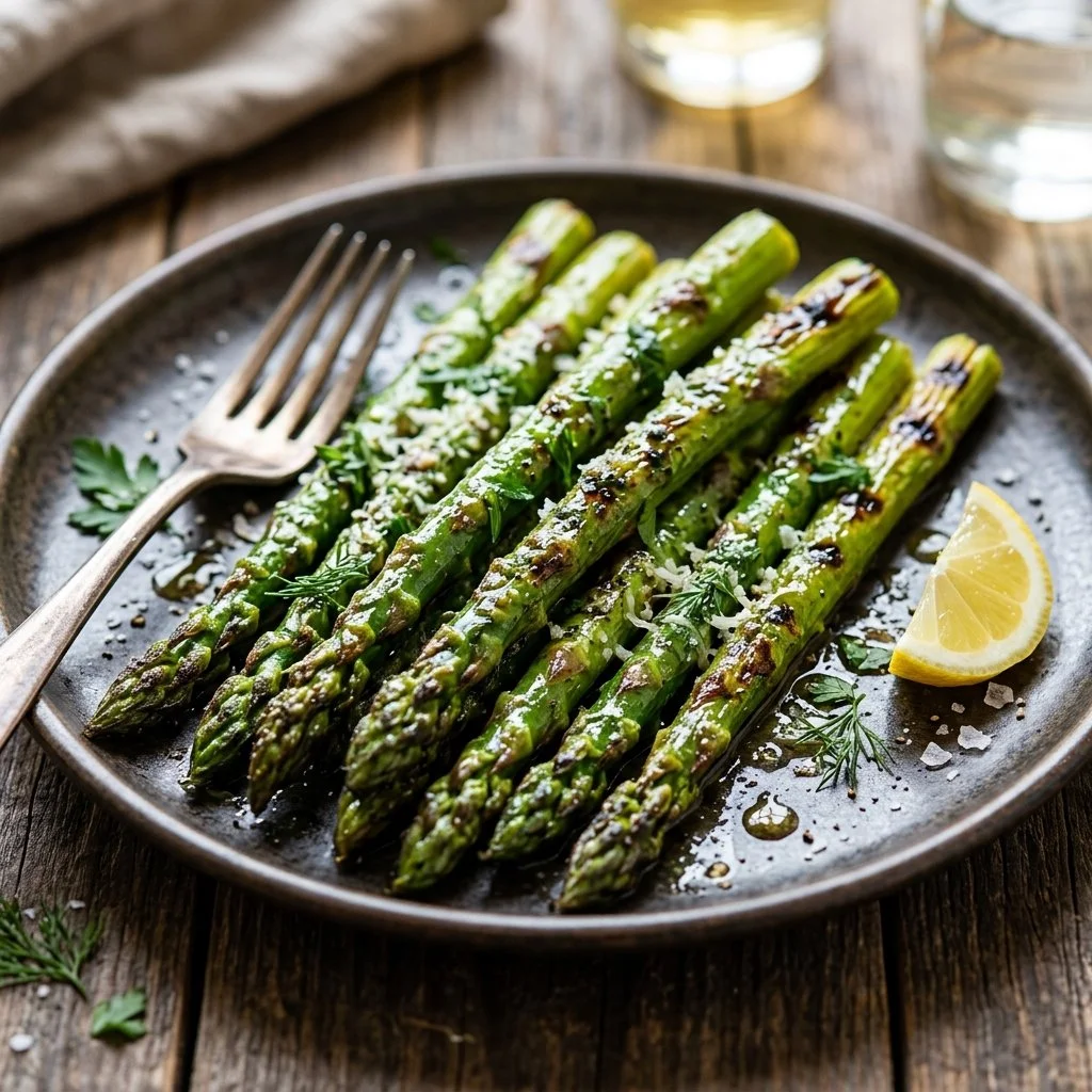 Delicious grilled asparagus garnished and ready to serve.