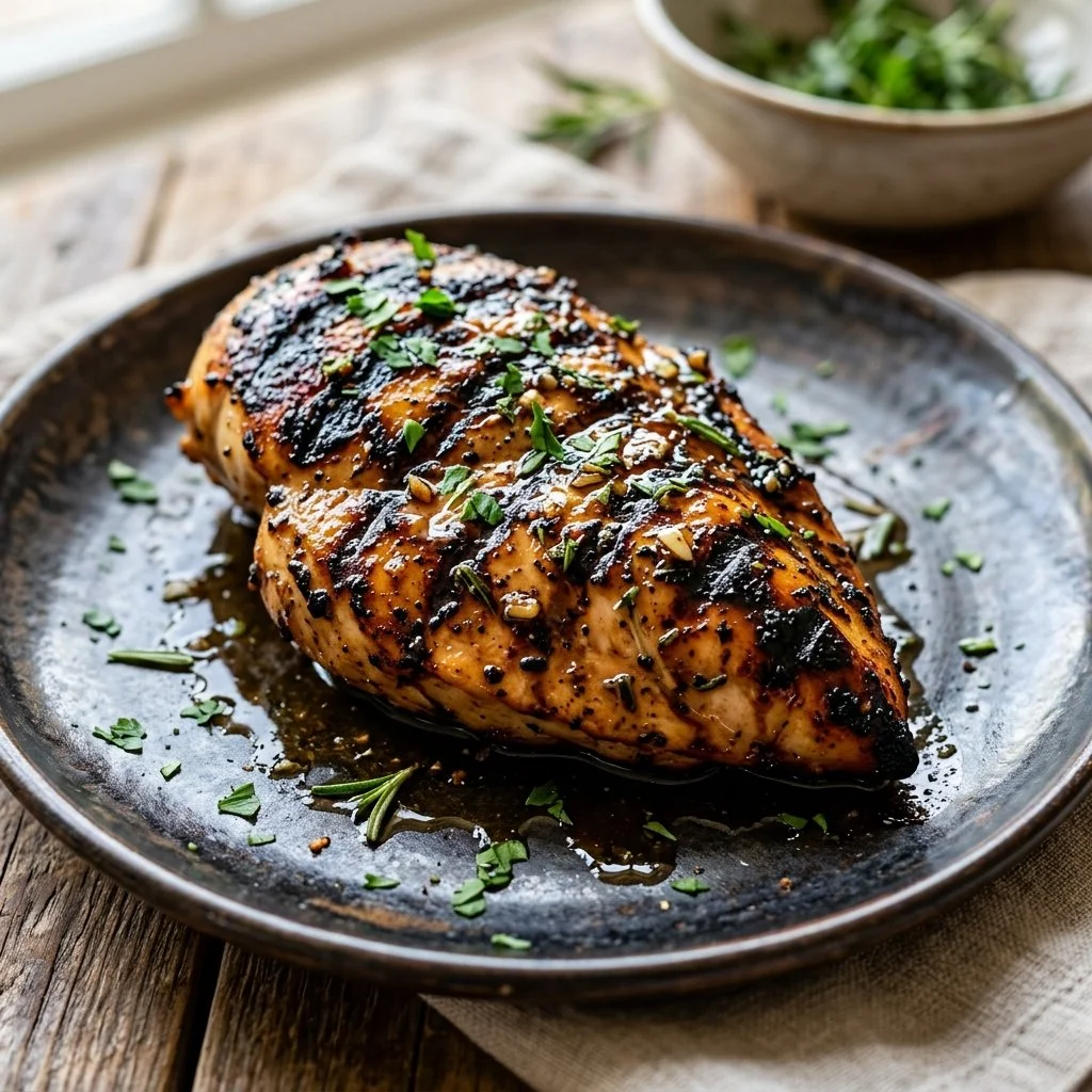 Juicy grilled balsamic chicken garnished with herbs and served with vegetables.
