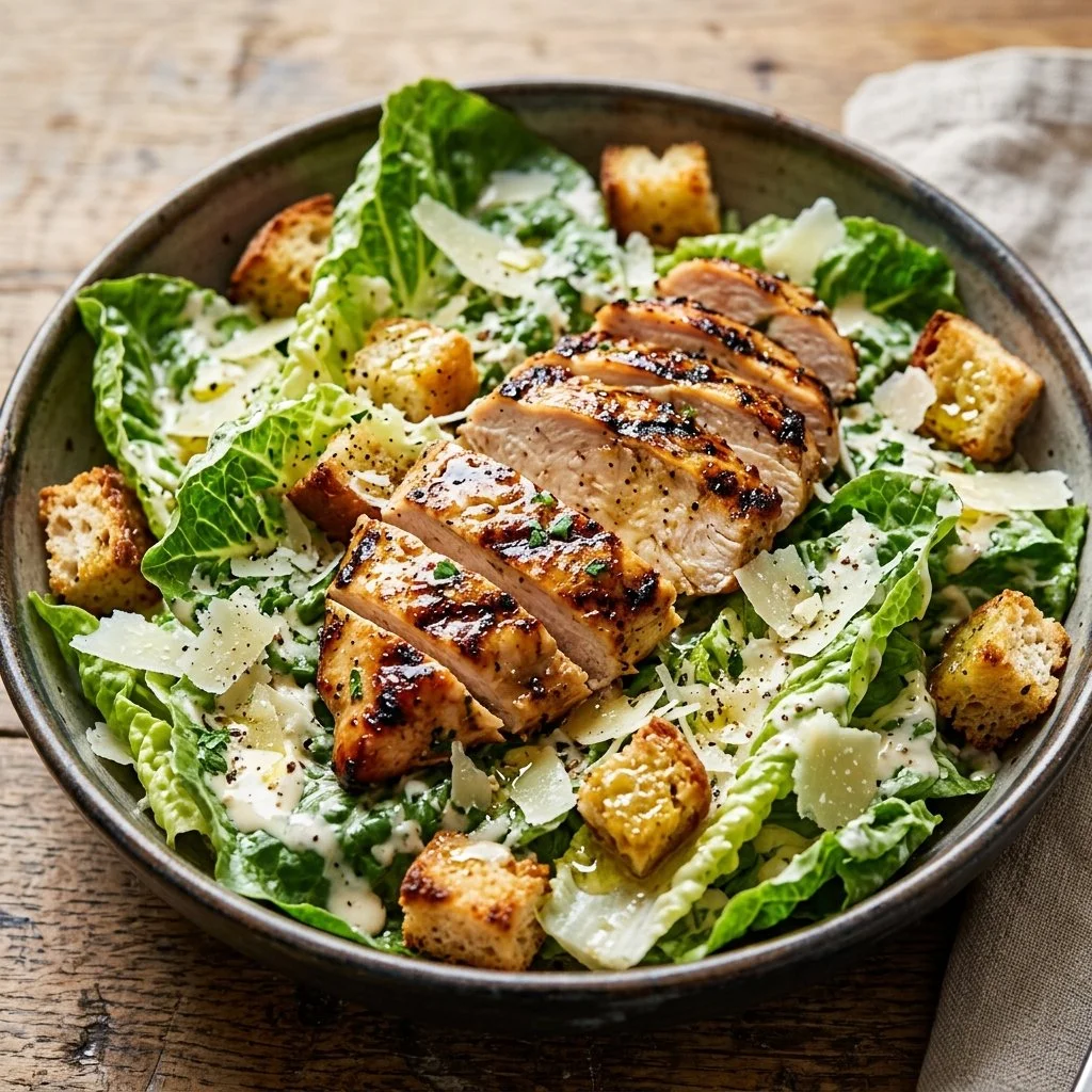 Grilled Chicken Caesar Salad with romaine lettuce and creamy dressing