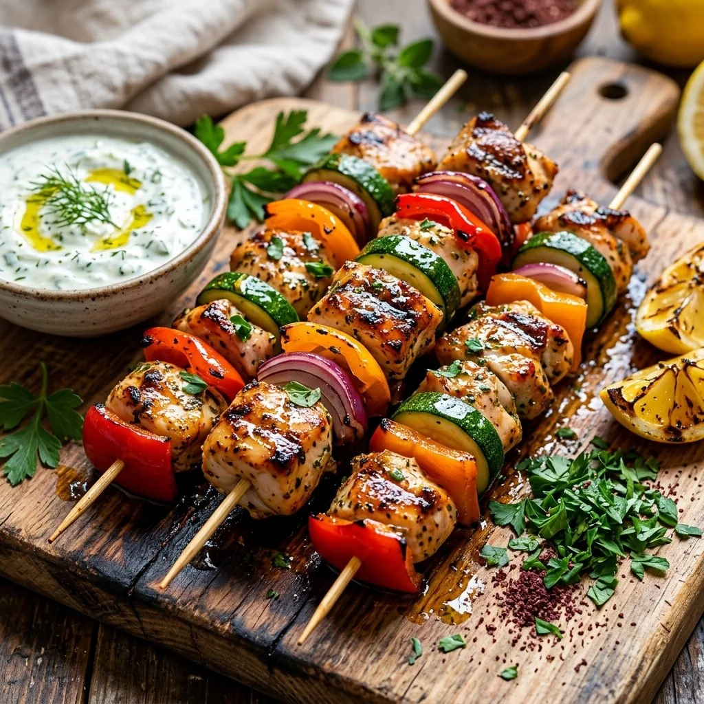 Grilled chicken kabobs with vibrant vegetables on skewers