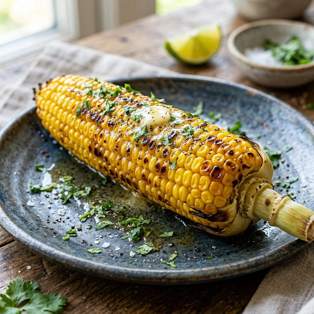 Delicious grilled corn on the cob with charred kernels and seasonings