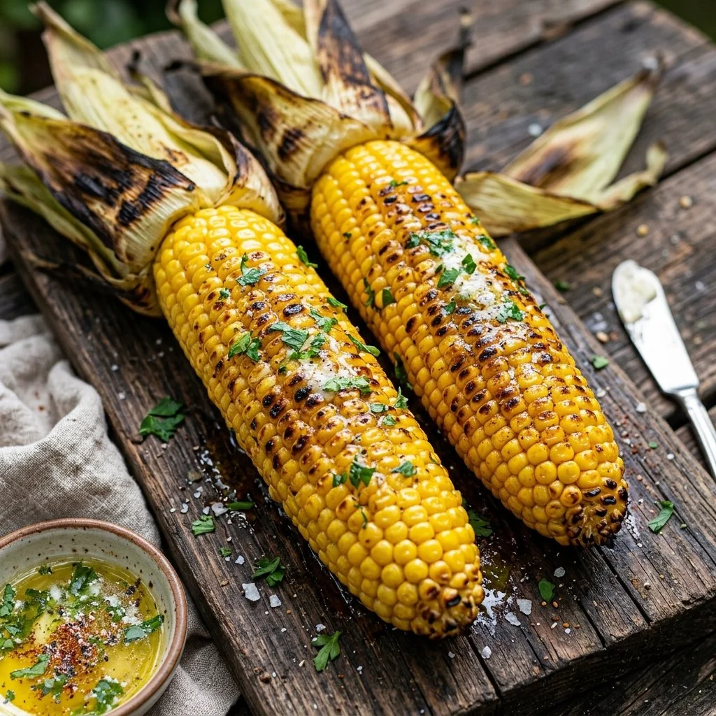 Deliciously grilled corn on the cob topped with seasonings