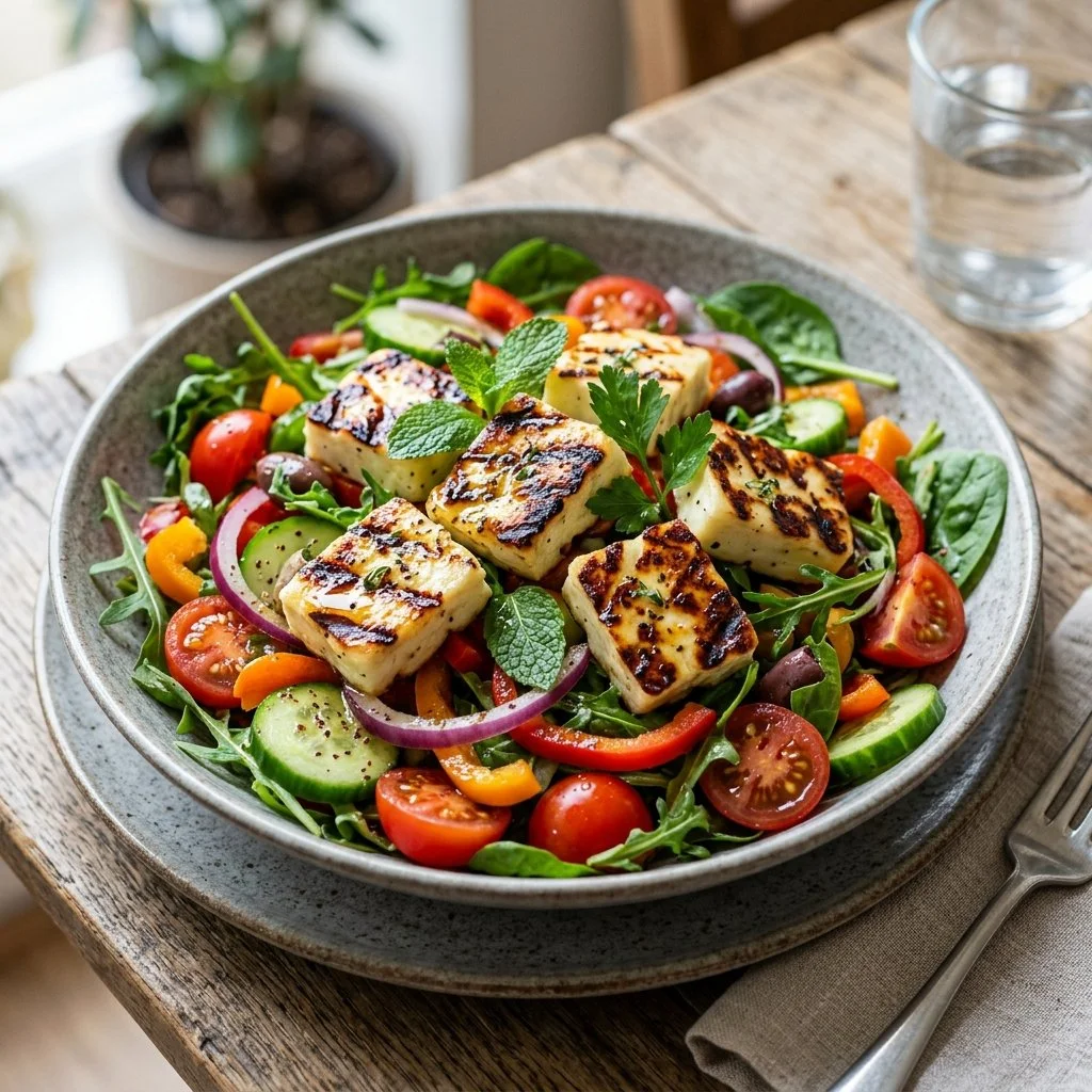 A vibrant Grilled Halloumi Salad with fresh vegetables and grilled cheese