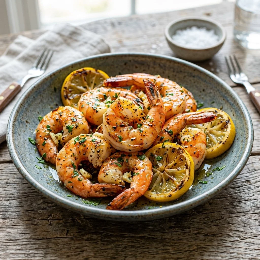 Plate of delicious grilled lemon shrimp garnished with herbs