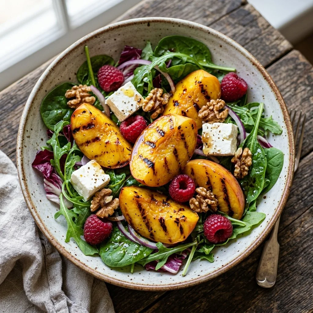 A delicious grilled peach salad with fresh greens and vibrant dressing