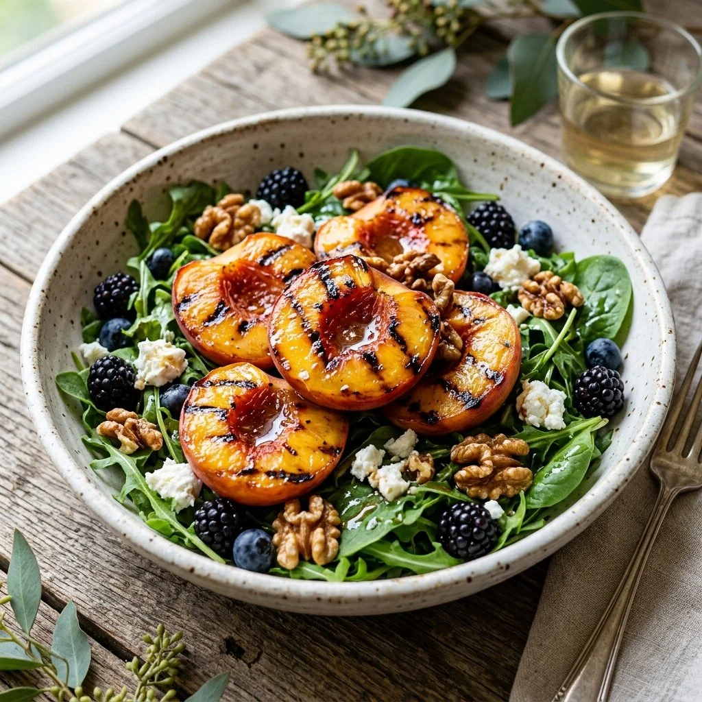 Delicious grilled peach salad topped with greens and nuts