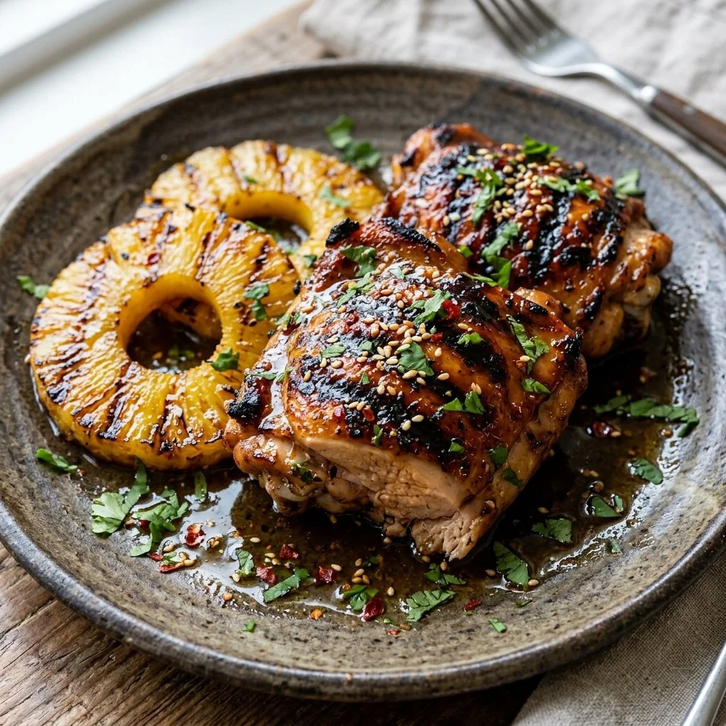 Grilled pineapple chicken served on a plate with fresh herbs.