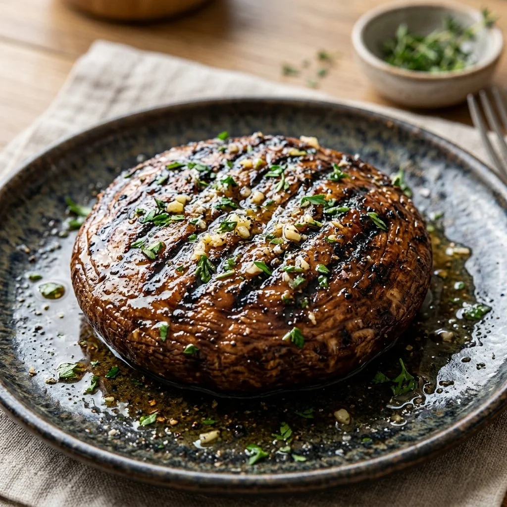 Delicious grilled portobello mushrooms on a plate garnished with herbs.