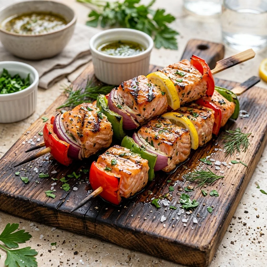 Grilled salmon kabobs on skewers with vegetables