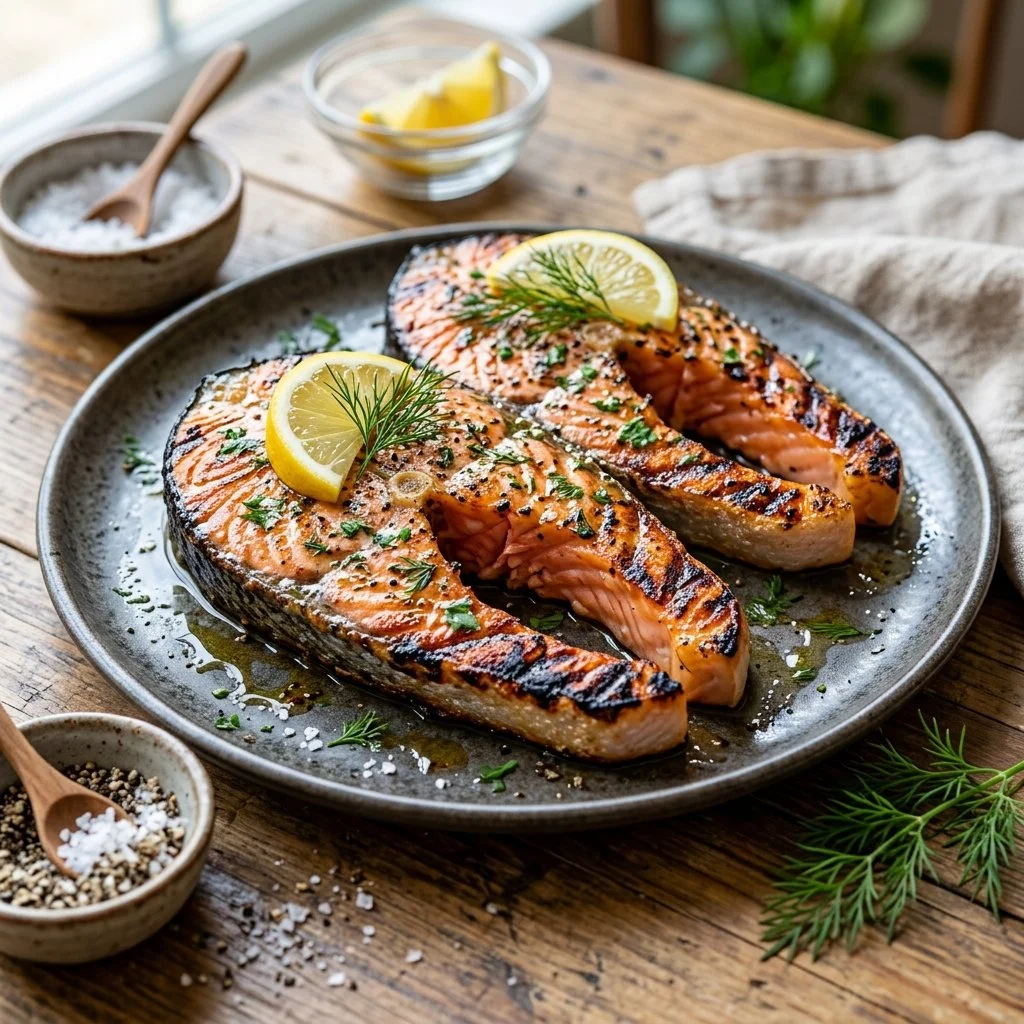 Delicious grilled salmon steaks on a plate garnished with herbs