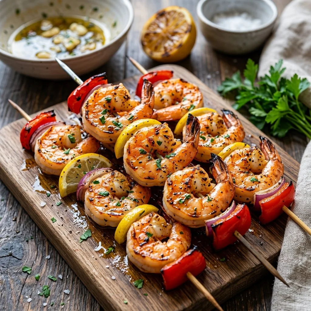Delicious grilled shrimp skewers on a barbecue grill
