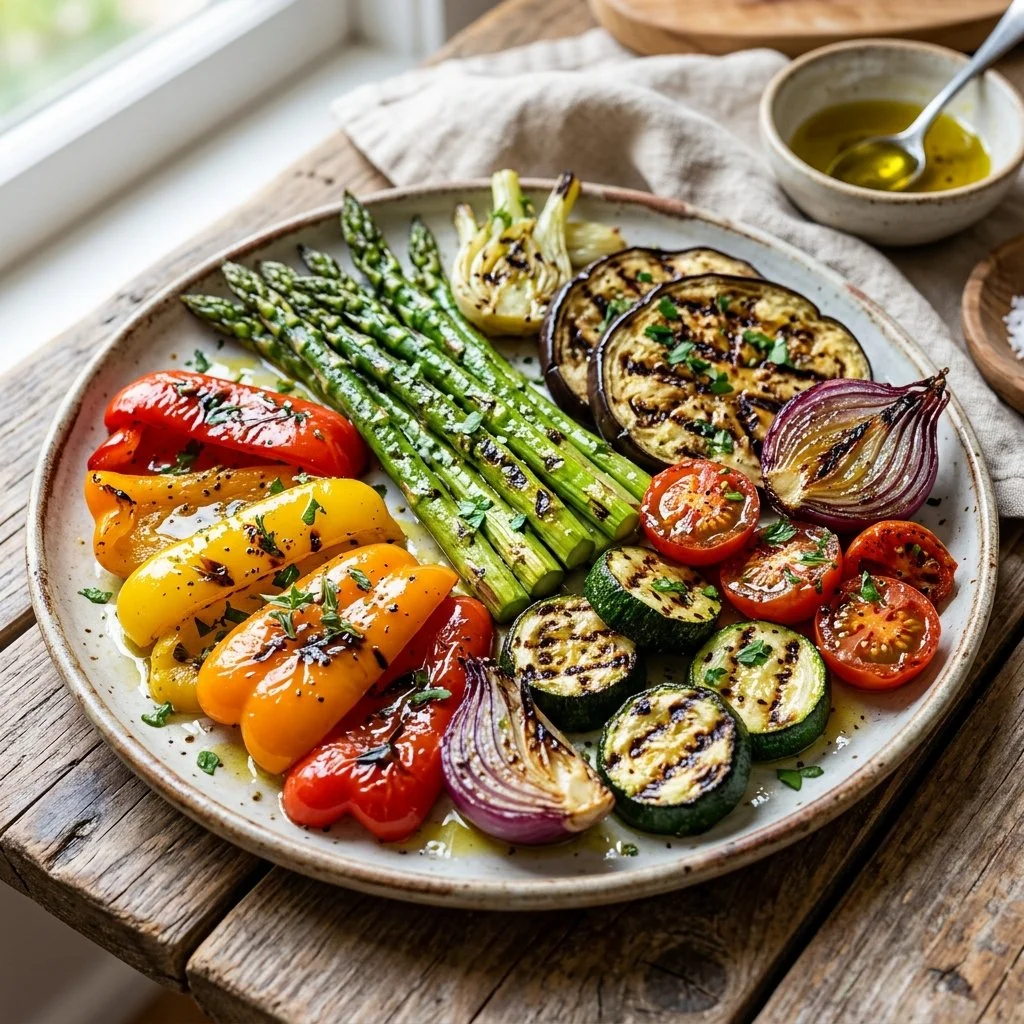 Colorful assortment of grilled vegetables arranged on a platter for serving.