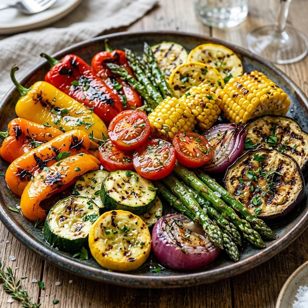 Colorful grilled veggie platter with assorted vegetables on a serving tray