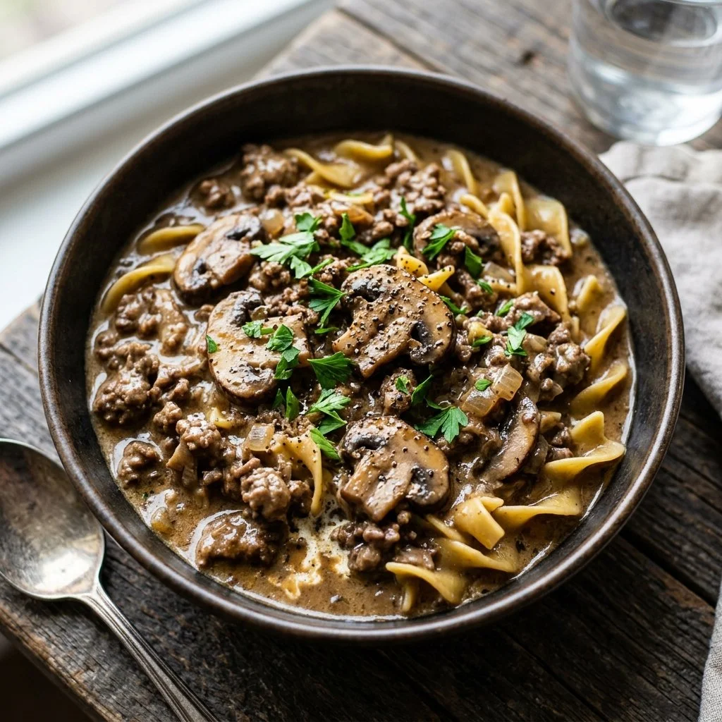 Delicious ground beef stroganoff served on egg noodles