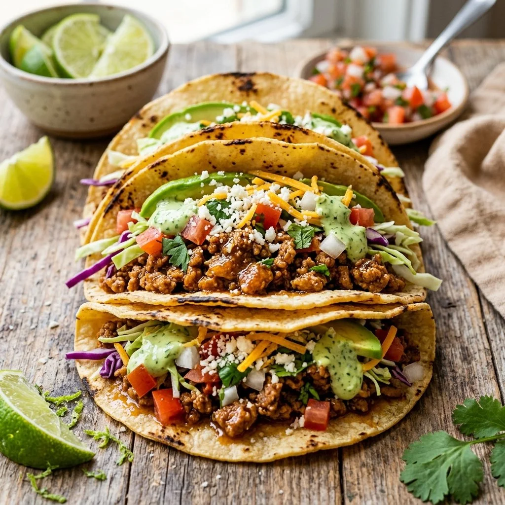 Plate of flavorful ground turkey tacos with fresh toppings