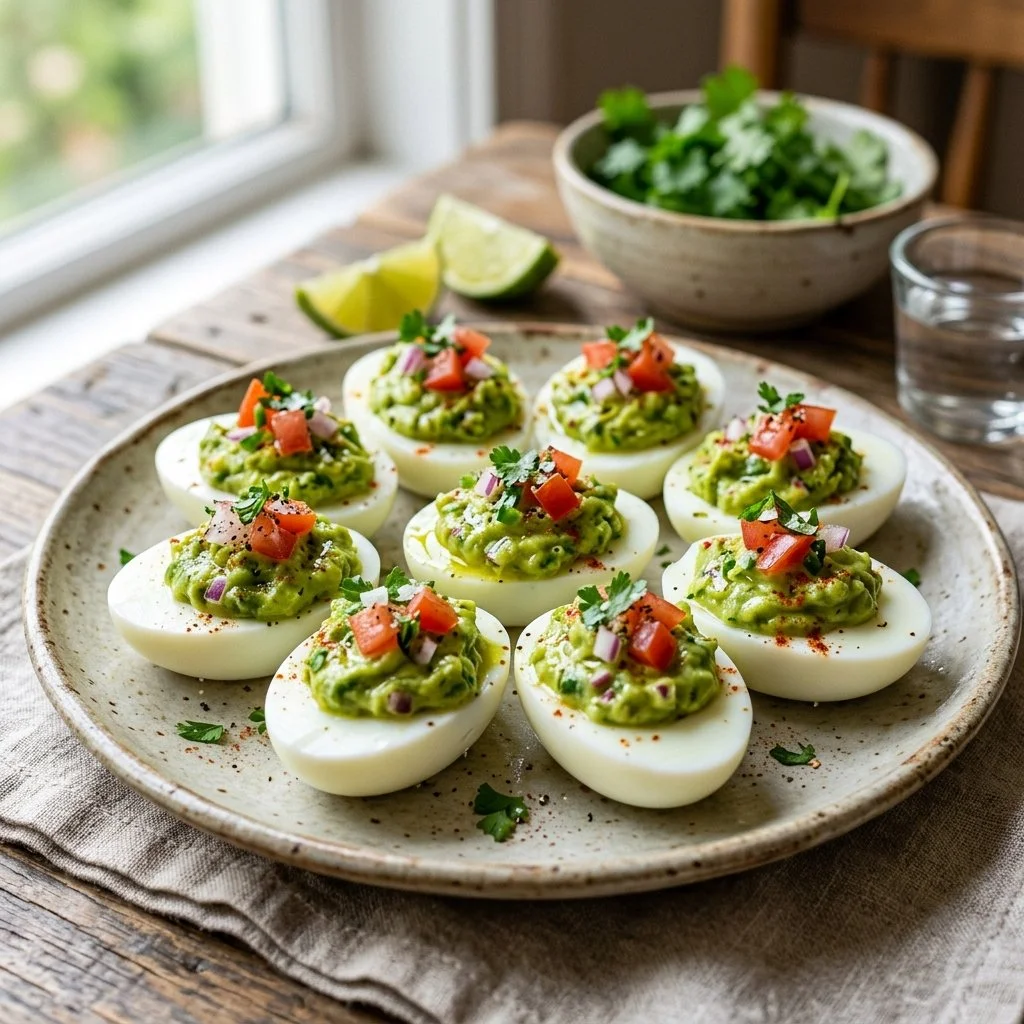 Guacamole deviled eggs served on a platter, topped with cilantro and paprika