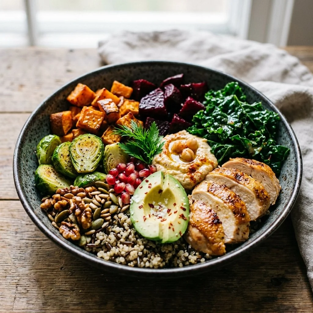 A colorful Harvest Bowl featuring fresh seasonal vegetables and grains.