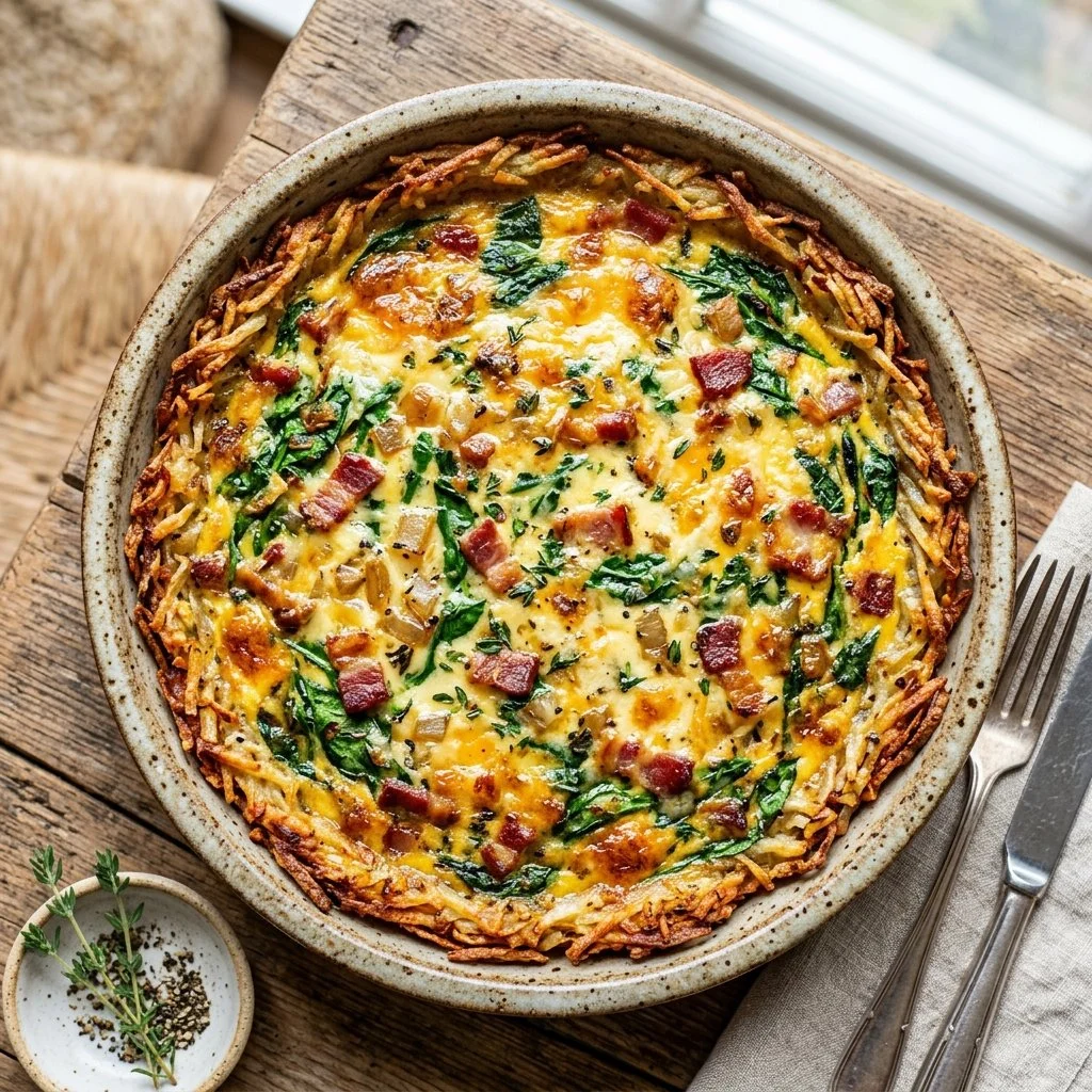 Delicious Hash Brown Crust Quiche served on a plate, showcasing crispy texture and rich toppings.