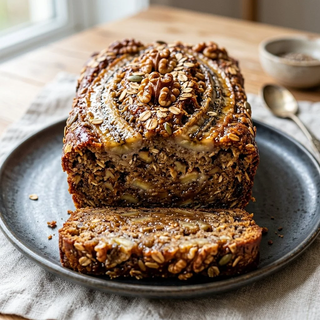 Loaf of healthy banana bread baked with ripe bananas and nuts