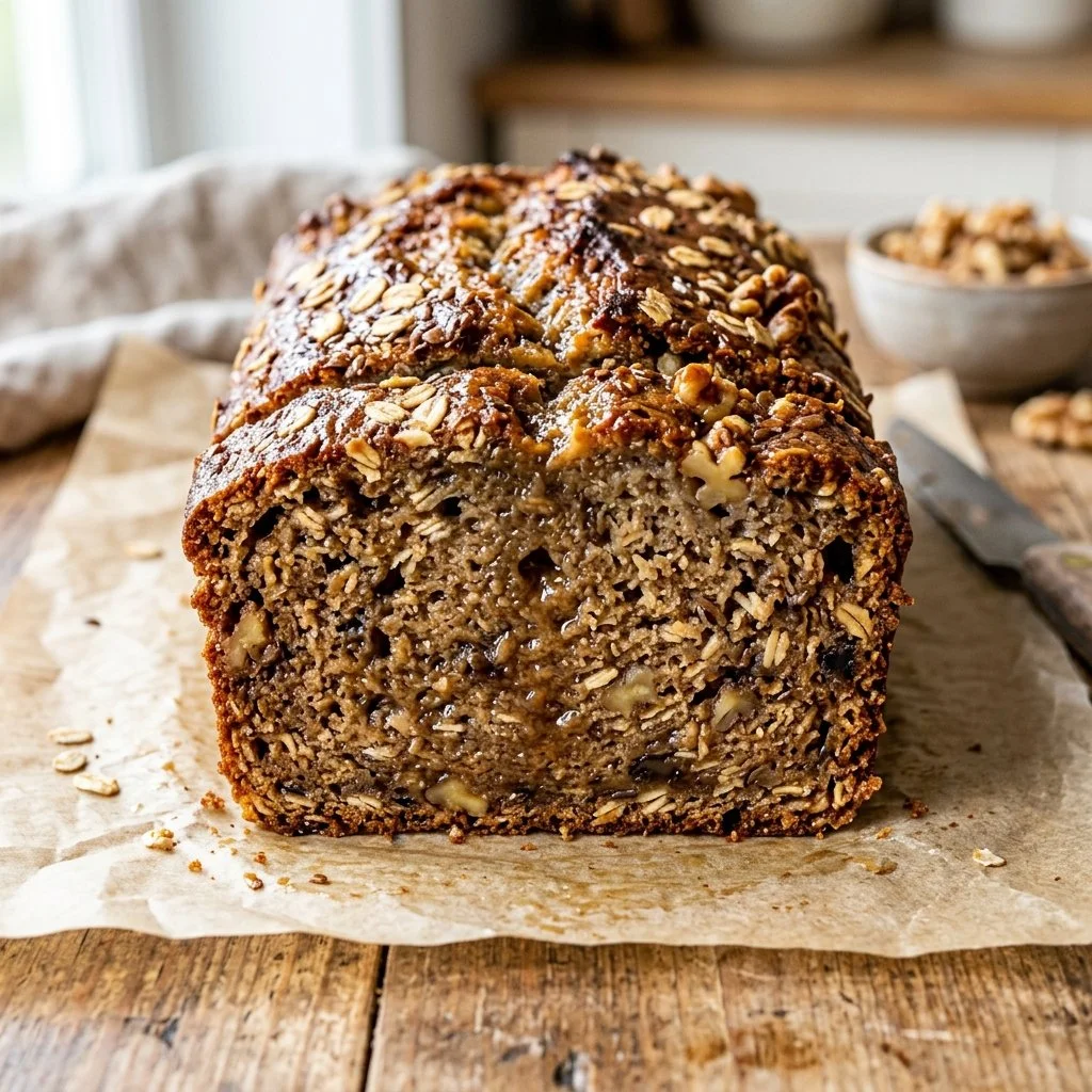Delicious healthy banana bread slice on a wooden table