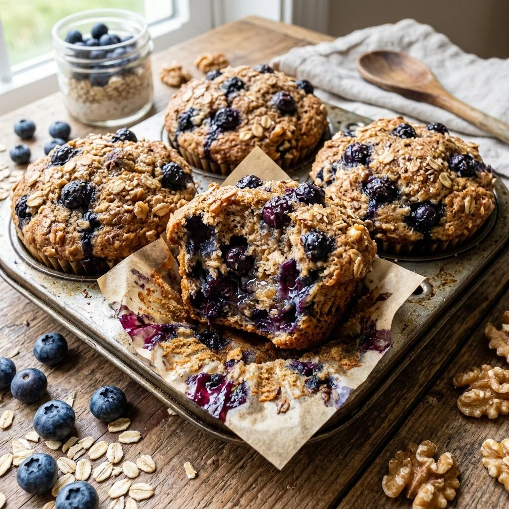 Healthy blueberry muffins with fresh blueberries and a golden brown top