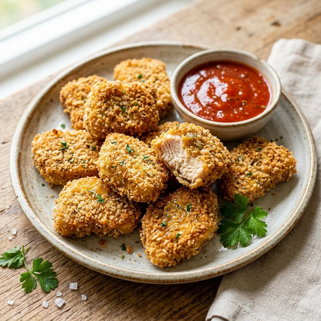 Bowl of healthy chicken nuggets served with dipping sauce and veggies