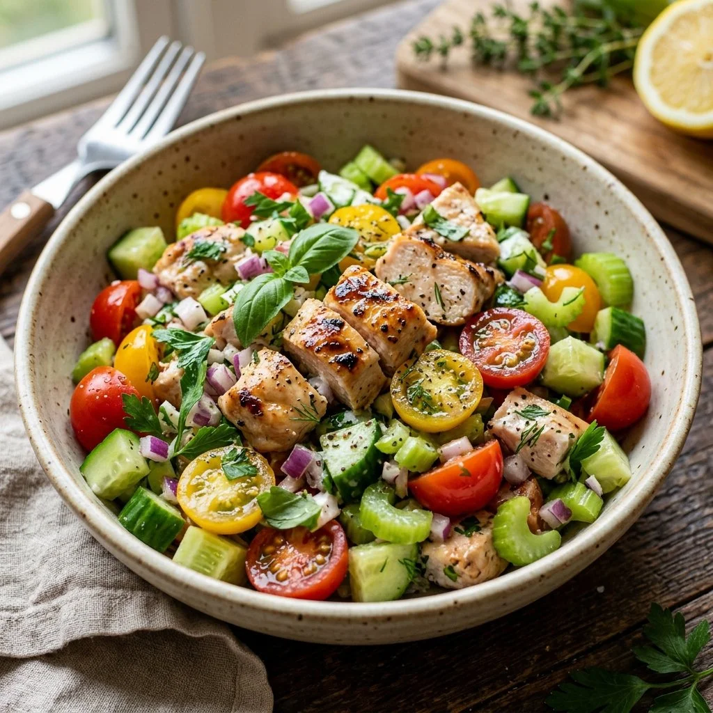 Healthy chicken salad with fresh vegetables and grilled chicken