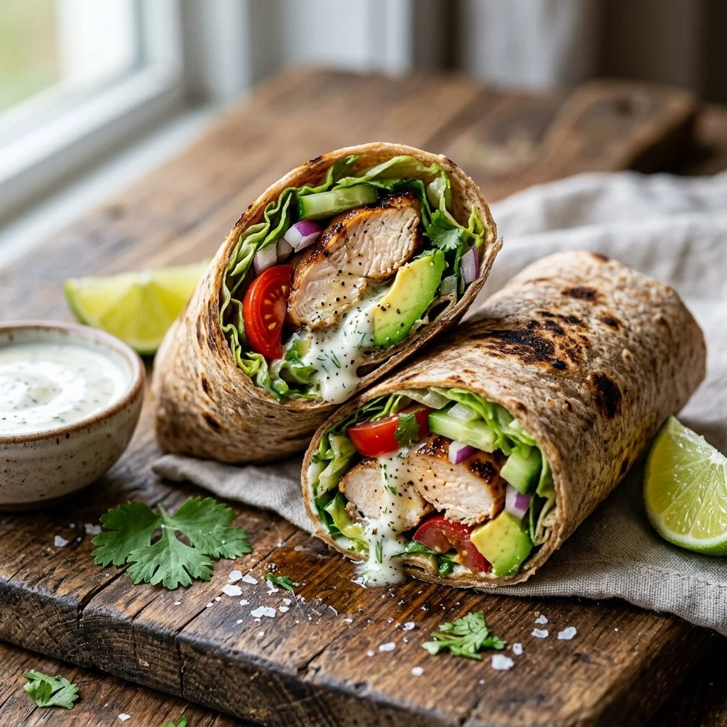 Delicious healthy chicken wraps filled with fresh vegetables and lean chicken.
