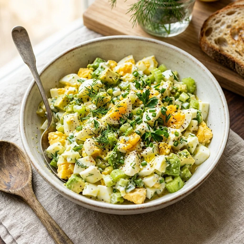 Bowl of healthy egg salad with fresh vegetables and herbs