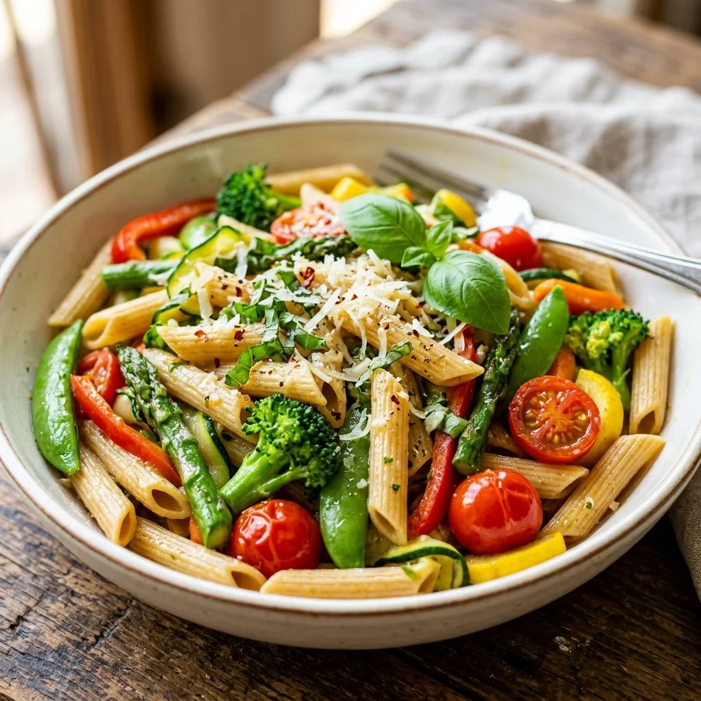 Healthy Pasta Primavera with vibrant vegetables on a plate