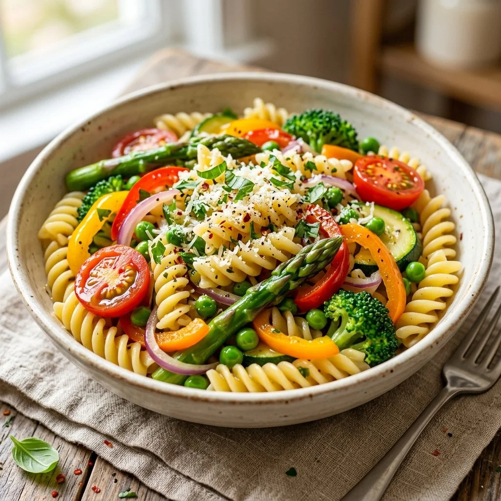 Colorful bowl of healthy Pasta Primavera with fresh vegetables and herbs.
