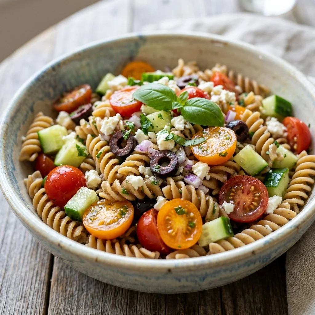Colorful healthy pasta salad with vegetables and dressing in a bowl.