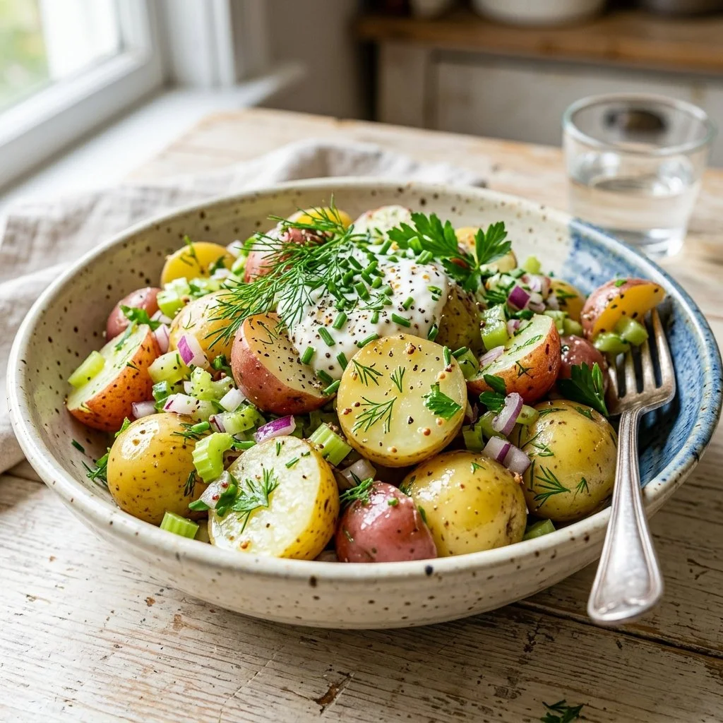 Bowl of healthy potato salad with fresh vegetables and herbs