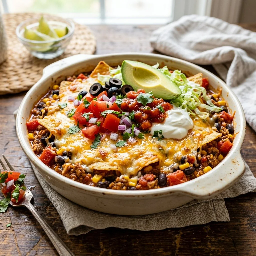Healthy taco casserole with beans, cheese, and vegetables in a baking dish