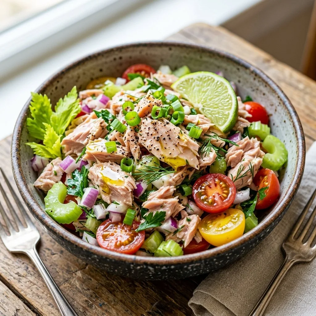 Healthy tuna salad with fresh vegetables and dressing in a bowl